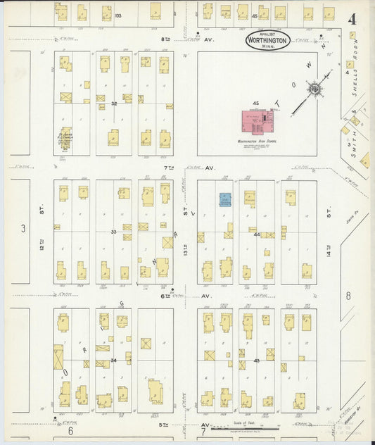 Sanborn Fire Insurance Map from Worthington, Nobles County, Minnesota (1917), Sheet #0004 - Historic Sanborn Fire Insurance Map Print, vintage old map wall art, antique decor, genealogy gift, Minnesota Minnesota map