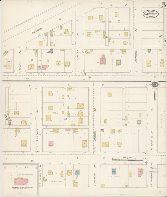 Sanborn Fire Insurance Map from Casper, Natrona County, Wyoming (1912), Sheet #0005 - Historic Sanborn Fire Insurance Map Print, vintage old map wall art, antique decor, genealogy gift, Wyoming Wyoming map