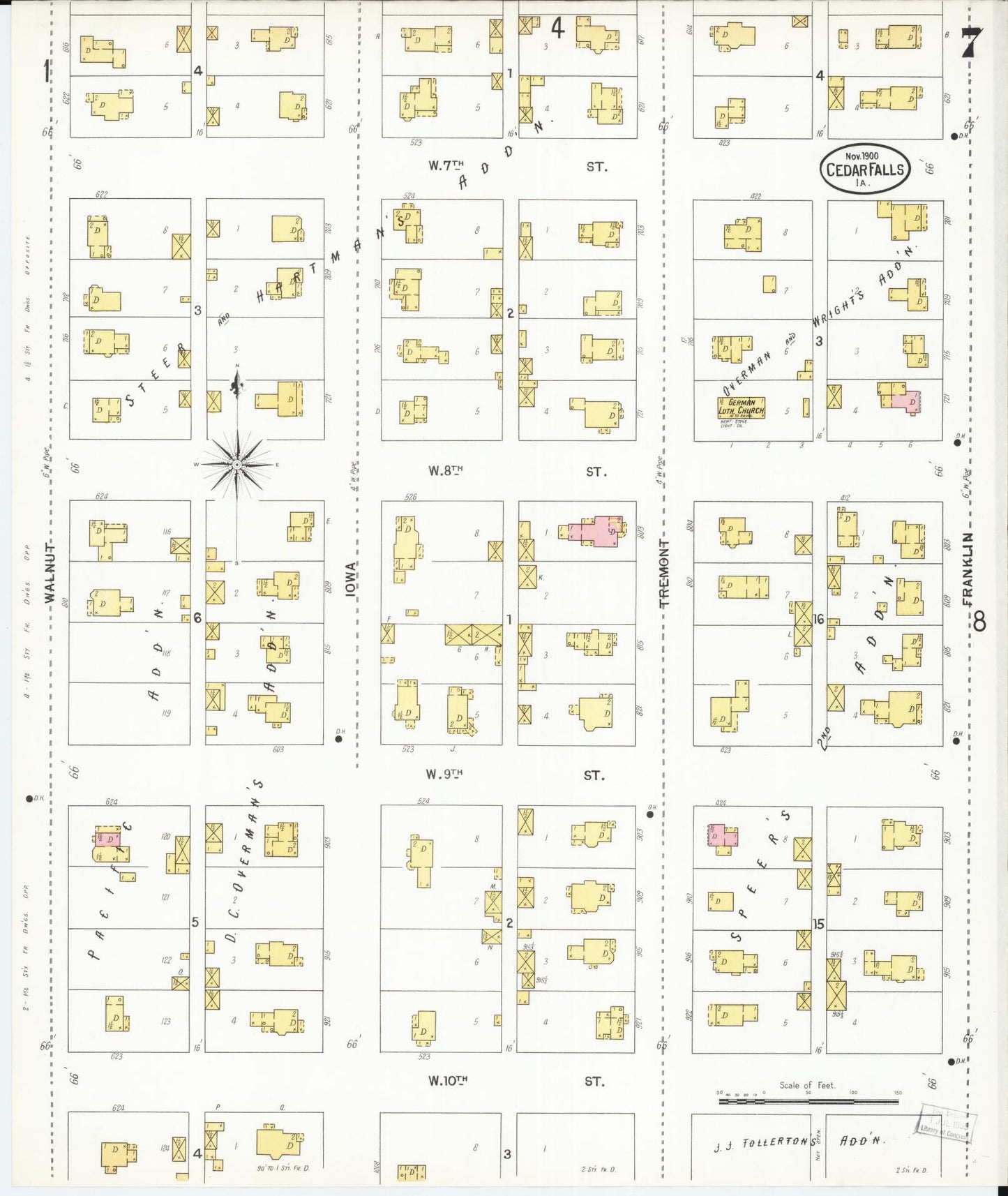 Sanborn Fire Insurance Map from Cedar Falls, Black Hawk County, Iowa (1900), Sheet #0007 - Historic Sanborn Fire Insurance Map Print, vintage old map wall art