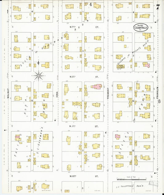 Sanborn Fire Insurance Map from Cedar Falls, Black Hawk County, Iowa (1900), Sheet #0007 - Historic Sanborn Fire Insurance Map Print, vintage old map wall art