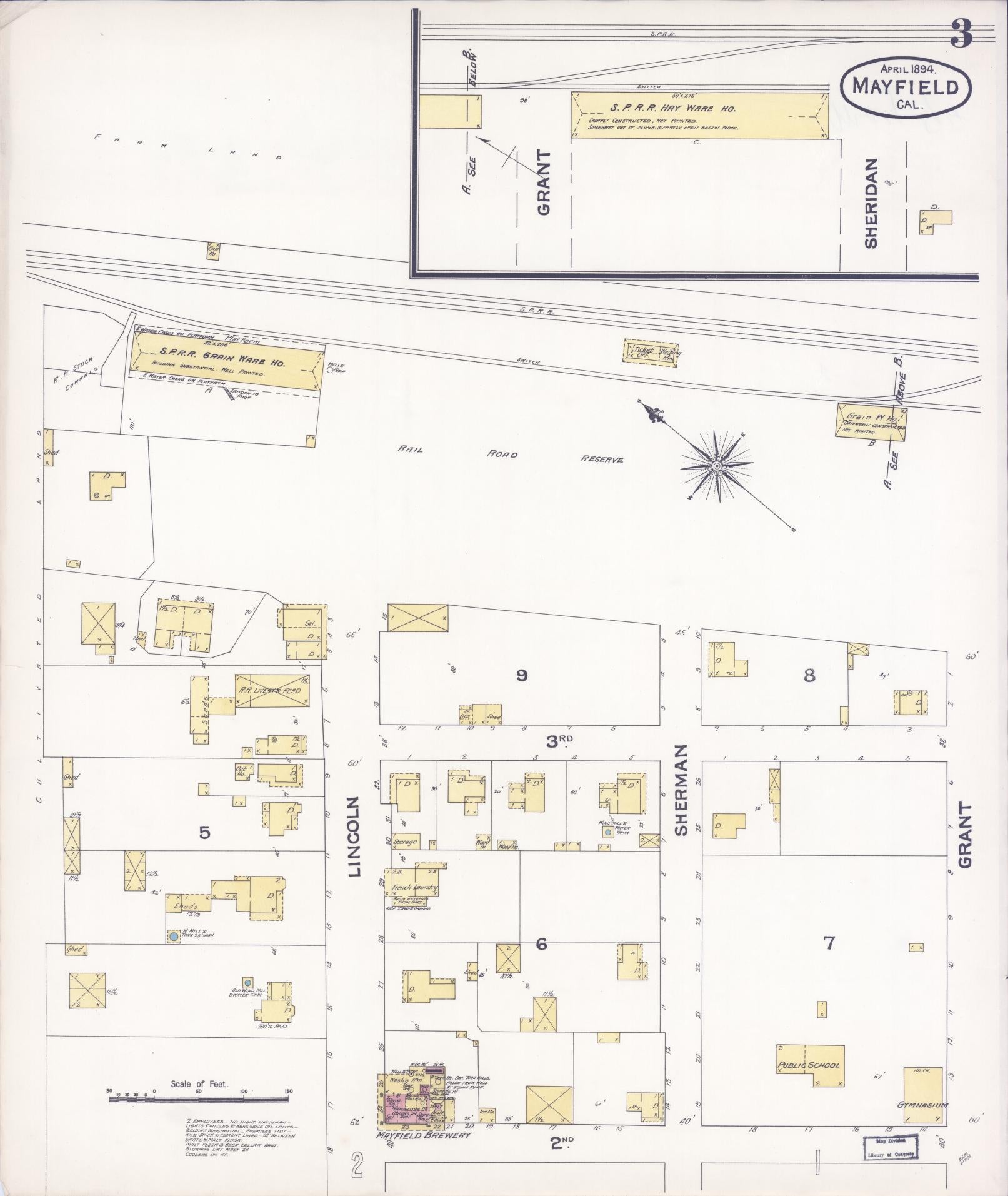 Sanborn Fire Insurance Map from Mayfield, Santa Clara County, California (1894), Sheet #0003 - Historic Sanborn Fire Insurance Map Print, vintage old map wall art, antique decor, genealogy gift, California California map