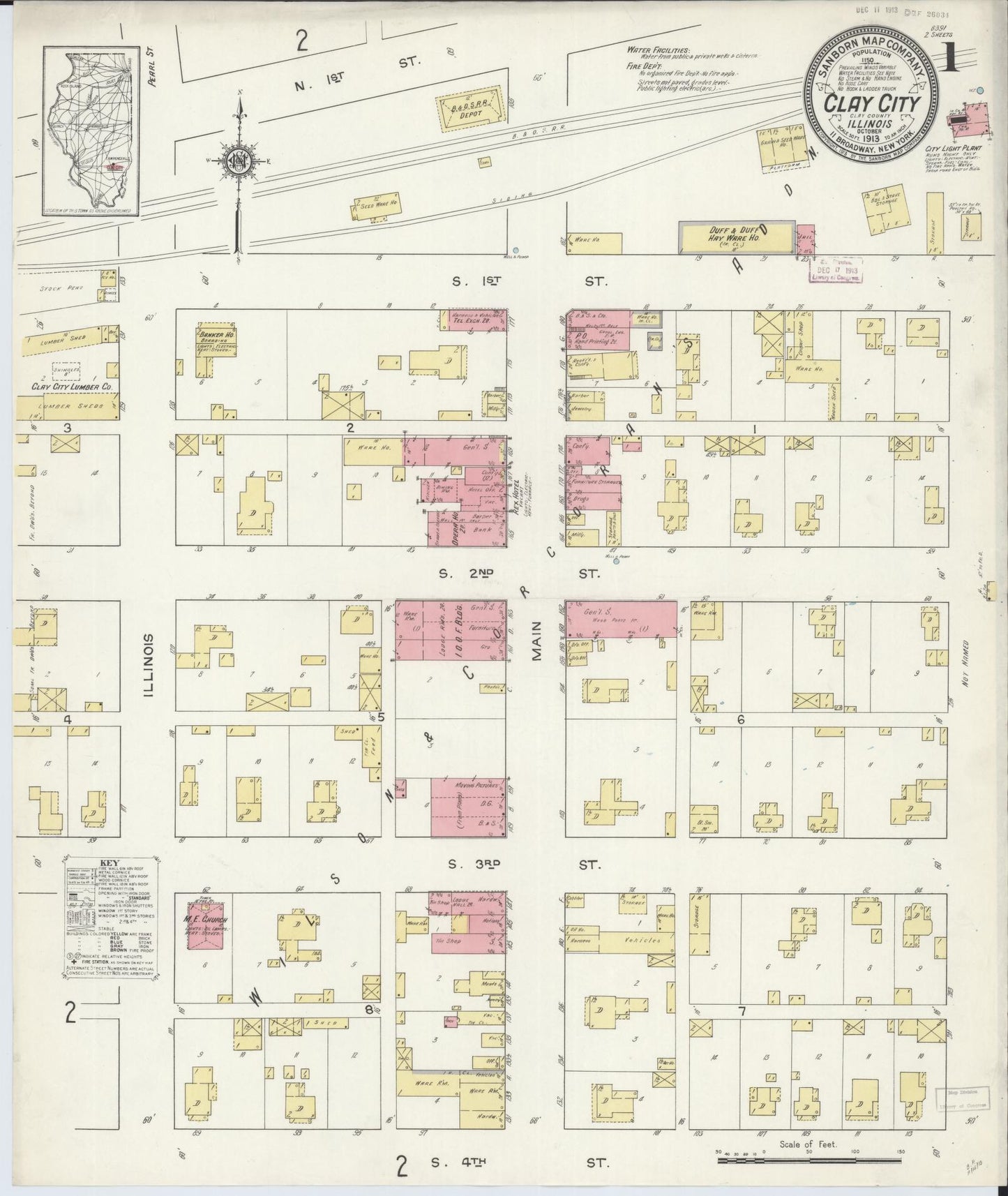 Sanborn Fire Insurance Map from Clay City, Clay County, Illinois (1913), Sheet #0001 - Complete Map Set gallery image, historic Sanborn map, vintage wall art, Illinois Illinois