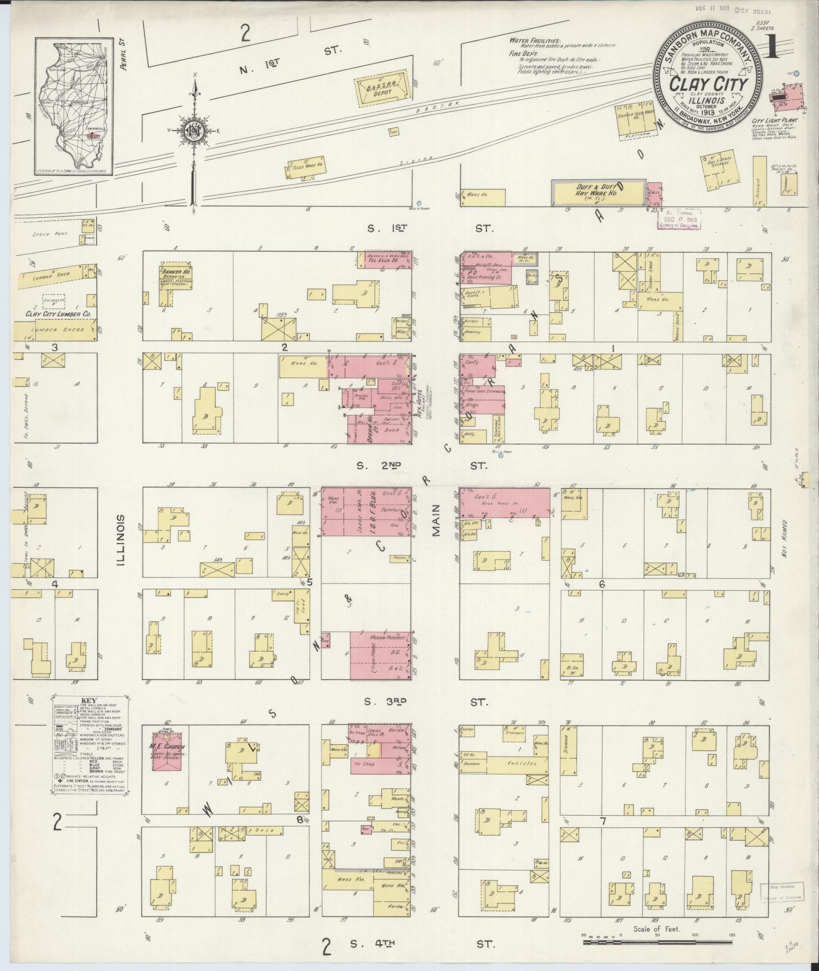 Sanborn Fire Insurance Map from Clay City, Clay County, Illinois (1913), Sheet #0001 - Complete Map Set gallery image, historic Sanborn map, vintage wall art, Illinois Illinois