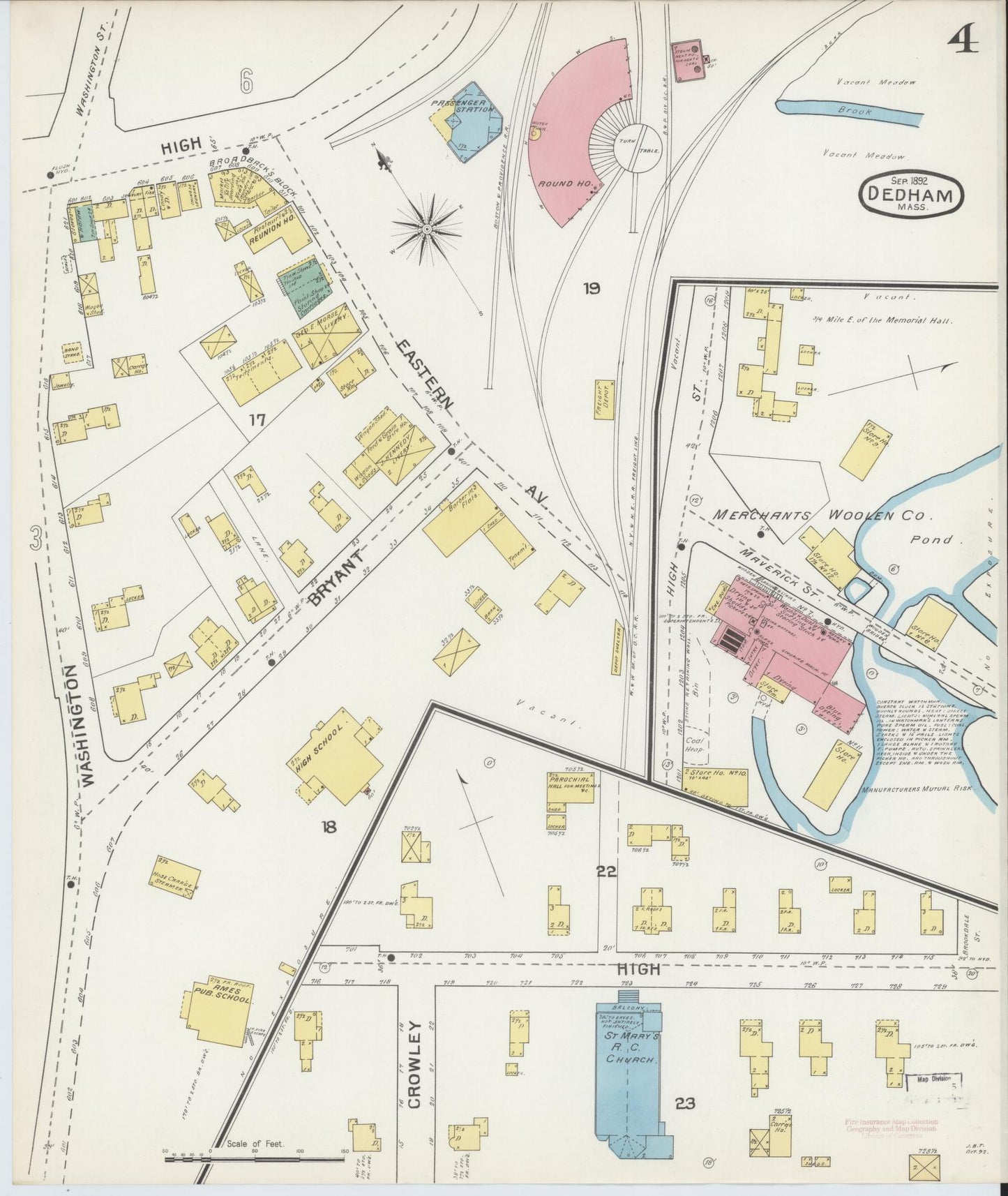Sanborn Fire Insurance Map from Dedham, Norfolk County, Massachusetts (1892), Sheet #0004 - Historic Sanborn Fire Insurance Map Print, vintage old map wall art, antique decor, genealogy gift, Massachusetts Massachusetts map
