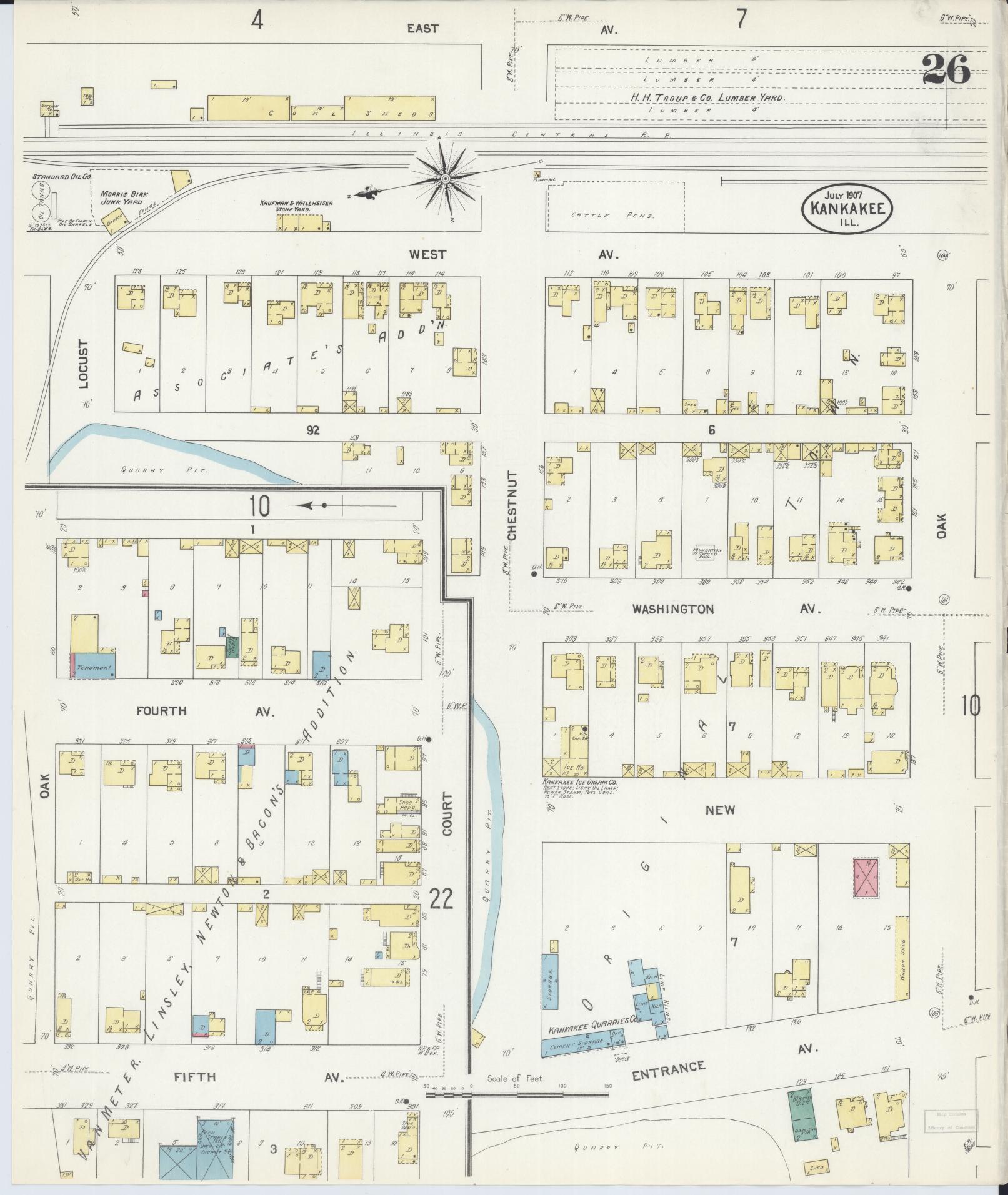 Sanborn Fire Insurance Map from Kankakee, Kankakee County, Illinois (1907), Sheet #0026 - Historic Sanborn Fire Insurance Map Print, vintage old map wall art, antique decor, genealogy gift, Illinois Illinois map