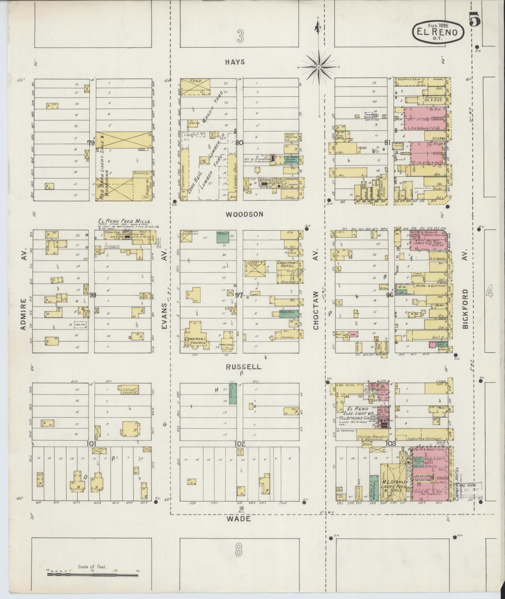 Sanborn Fire Insurance Map from El Reno, Canadian County, Oklahoma (1895), Sheet #0005 - Historic Sanborn Fire Insurance Map Print, vintage old map wall art, antique decor, genealogy gift, Oklahoma Oklahoma map