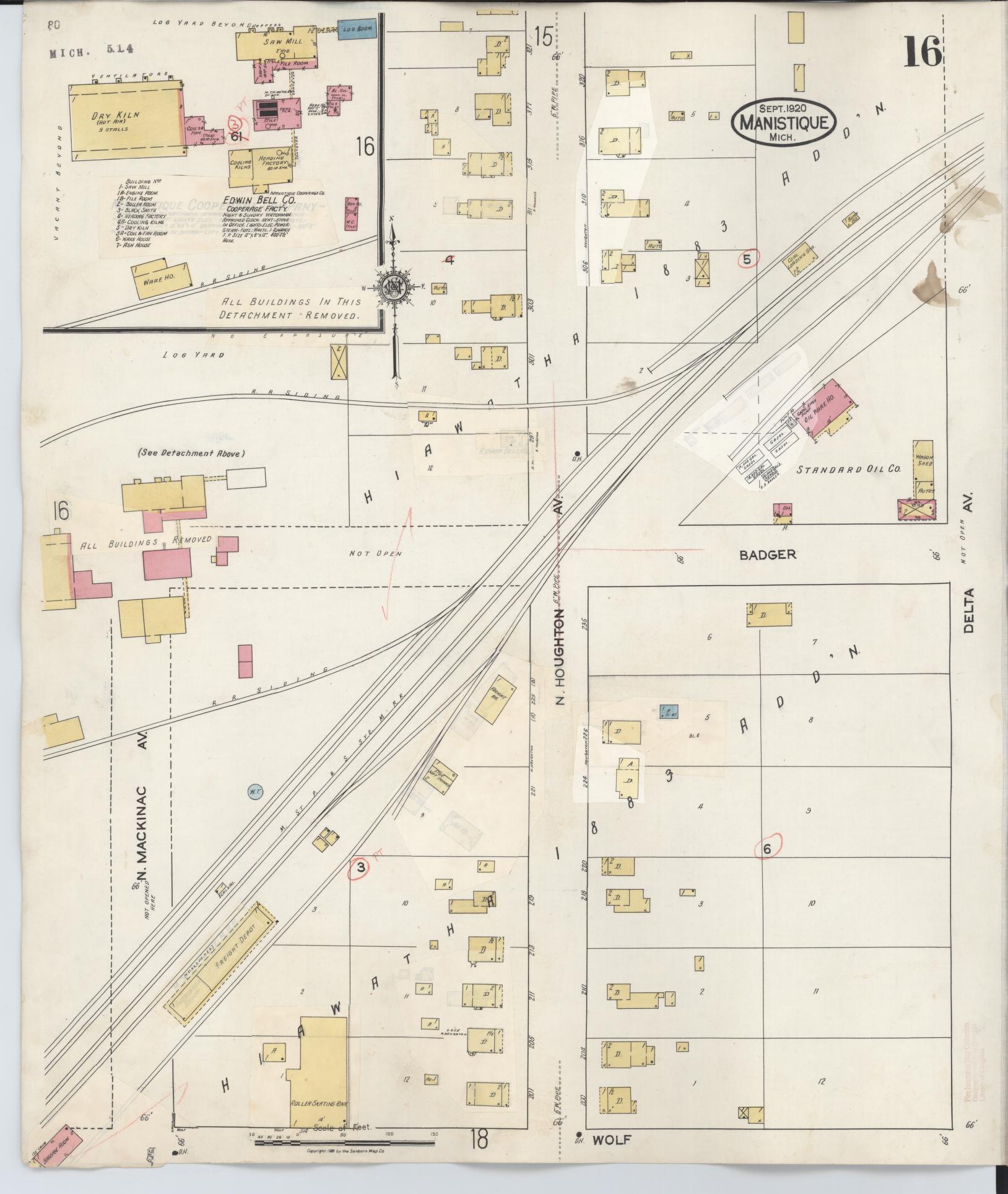 Sanborn Fire Insurance Map from Manistique, Schoolcraft County, Michigan (1950), Sheet #0016 - Complete Map Set gallery image, historic Sanborn map, vintage wall art, Michigan Michigan