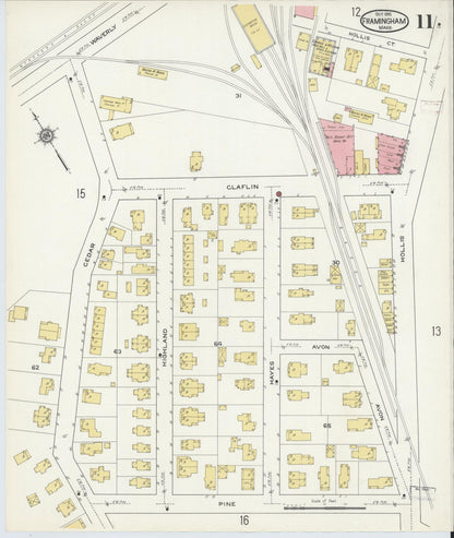 Sanborn Fire Insurance Map from Framingham, Middlesex County, Massachusetts (1915), Sheet #0011 - Historic Sanborn Fire Insurance Map Print, vintage old map wall art, antique decor, genealogy gift, Massachusetts Massachusetts map
