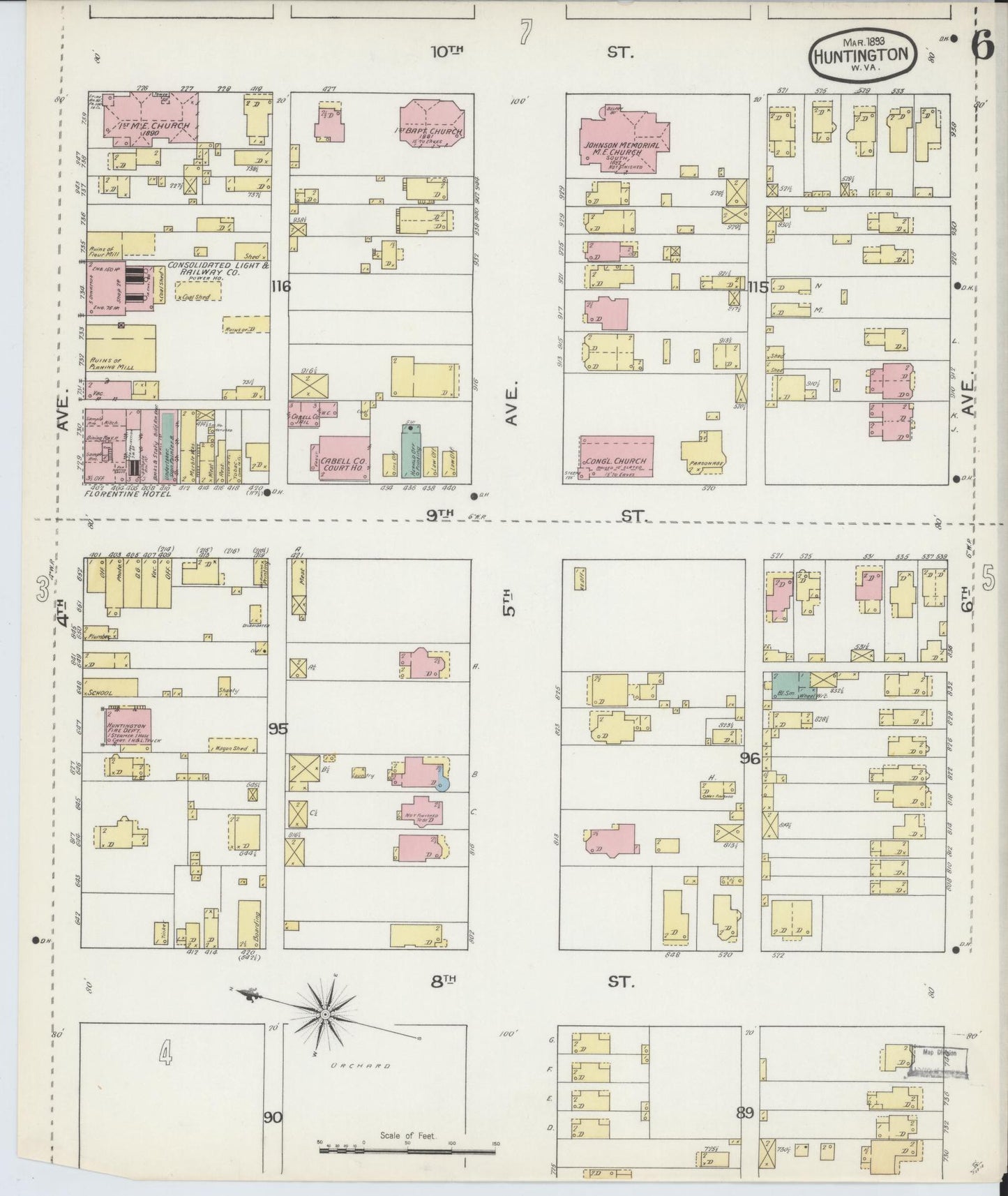 Sanborn Fire Insurance Map from Huntington, Cabell County, West Virginia (1893), Sheet #0006 - Historic Sanborn Fire Insurance Map Print, vintage old map wall art, antique decor, genealogy gift, West Virginia West Virginia map