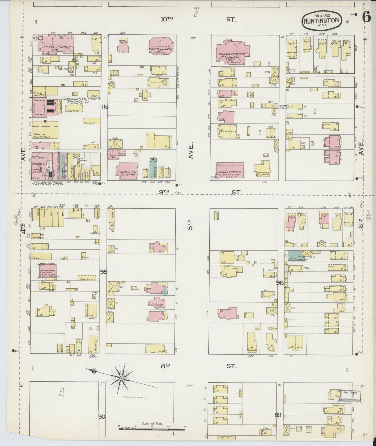 Sanborn Fire Insurance Map from Huntington, Cabell County, West Virginia (1893), Sheet #0006 - Historic Sanborn Fire Insurance Map Print, vintage old map wall art, antique decor, genealogy gift, West Virginia West Virginia map