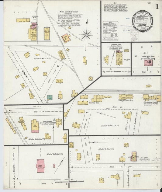 Sanborn Fire Insurance Map from Oxford, Oakland County, Michigan (1900), Sheet #0001 - Historic Sanborn Fire Insurance Map Print, vintage old map wall art, antique decor, genealogy gift, Michigan Michigan map