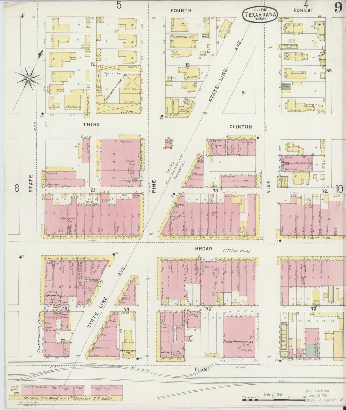 Sanborn Fire Insurance Map from Texarkana, Bowie County, Texas (1896), Sheet #0009 - Complete Map Set gallery image, historic Sanborn map, vintage wall art, Texas Texas