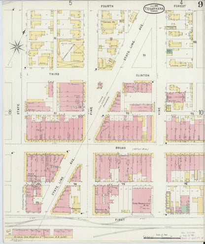Sanborn Fire Insurance Map from Texarkana, Bowie County, Texas (1896), Sheet #0009 - Complete Map Set gallery image, historic Sanborn map, vintage wall art, Texas Texas