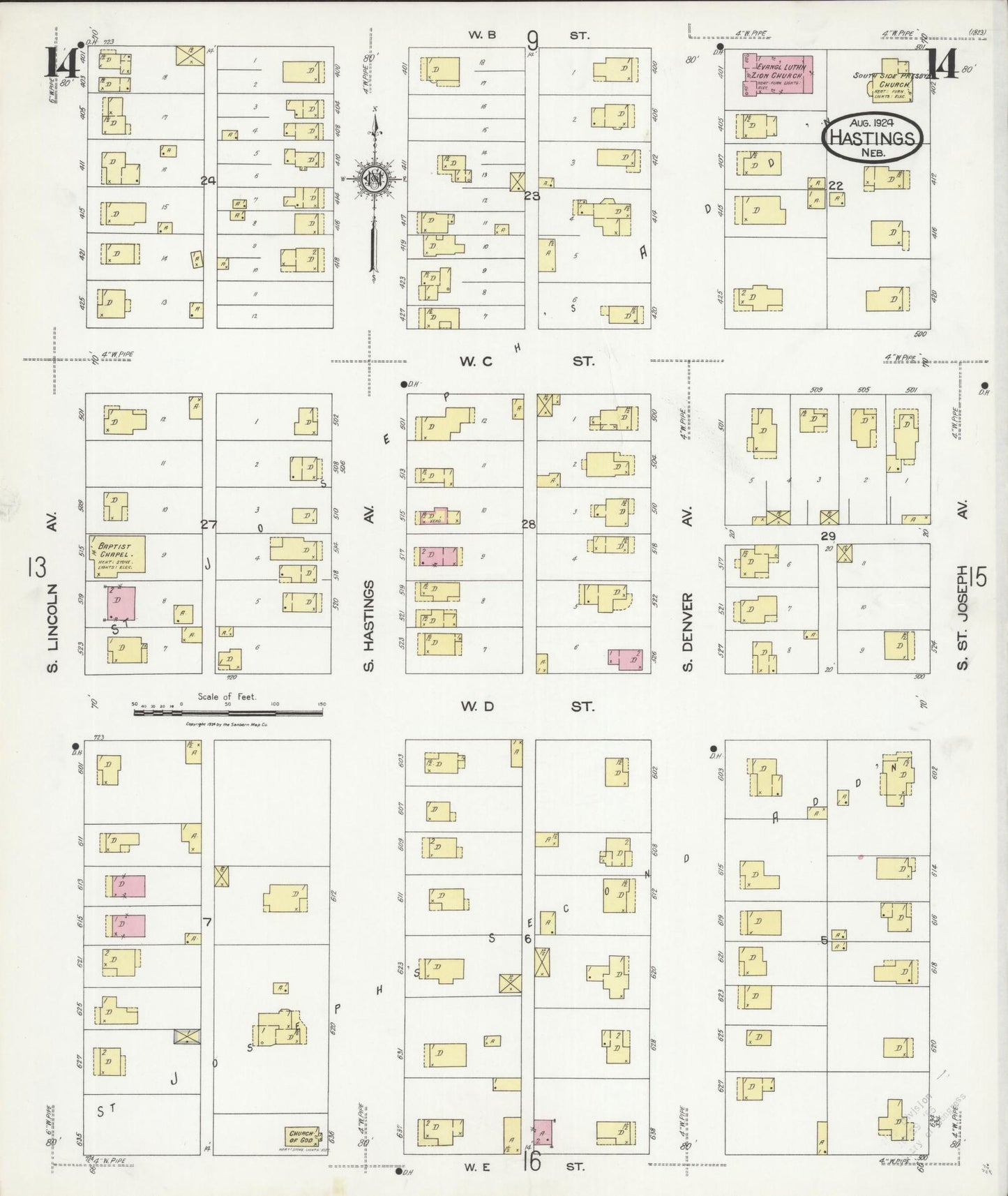 Sanborn Fire Insurance Map from Hastings, Adams County, Nebraska (1924), Sheet #0014 - Complete Map Set gallery image, historic Sanborn map, vintage wall art, Nebraska Nebraska