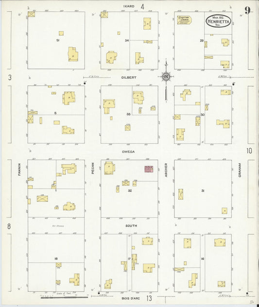 Sanborn Fire Insurance Map from Henrietta, Clay County, Texas (1912), Sheet #0009 - Historic Sanborn Fire Insurance Map Print, vintage old map wall art, antique decor, genealogy gift, Texas Texas map