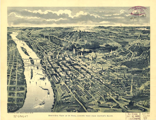 Bird's-eye view of St. Paul, looking west from Dayton's Bluff. (1893) – Historic Bird’s-Eye View Panorama Print