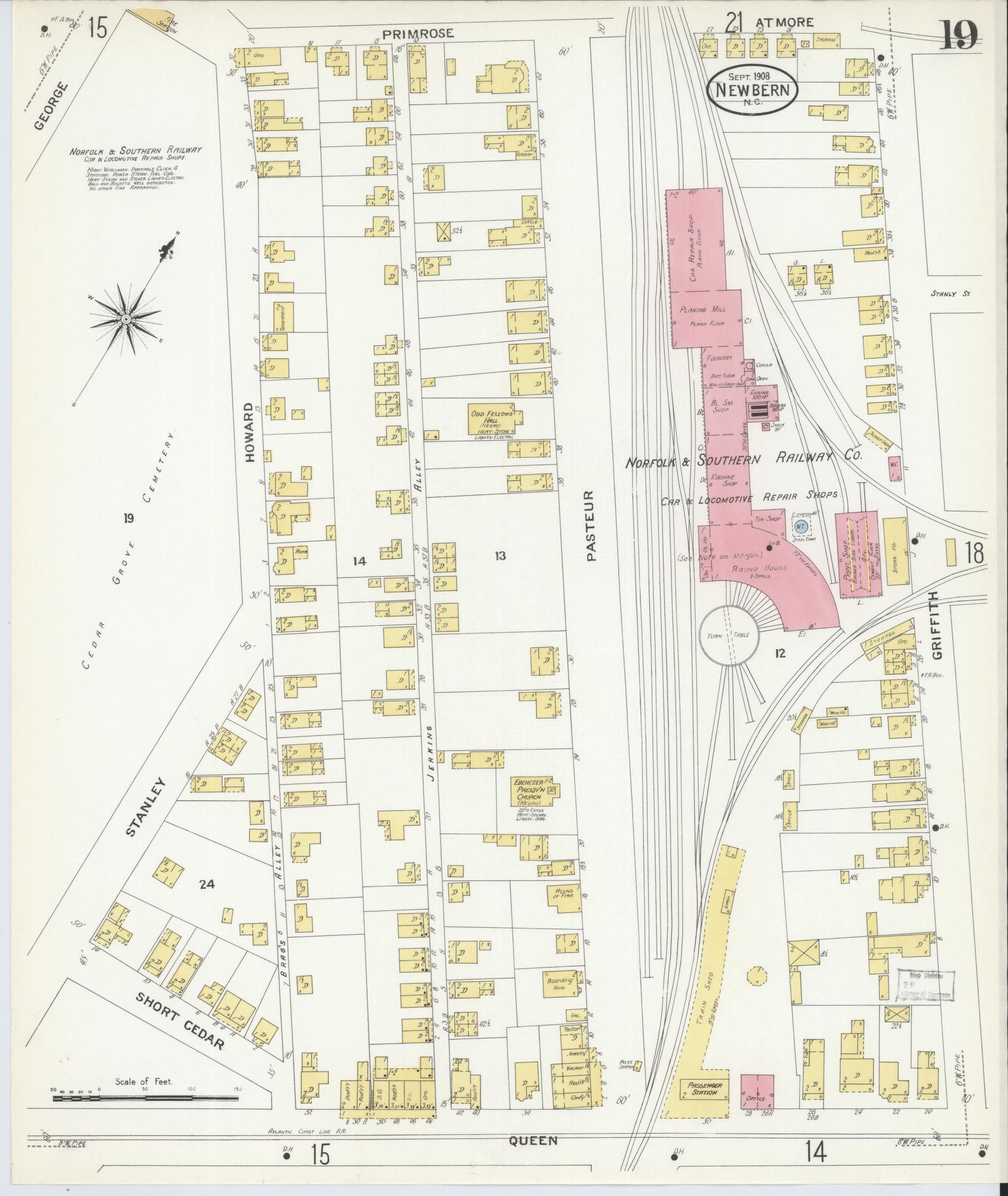 Sanborn Fire Insurance Map from New Bern, Craven County, North Carolina (1908), Sheet #0019 - Historic Sanborn Fire Insurance Map Print, vintage old map wall art, antique decor, genealogy gift, North Carolina North Carolina map