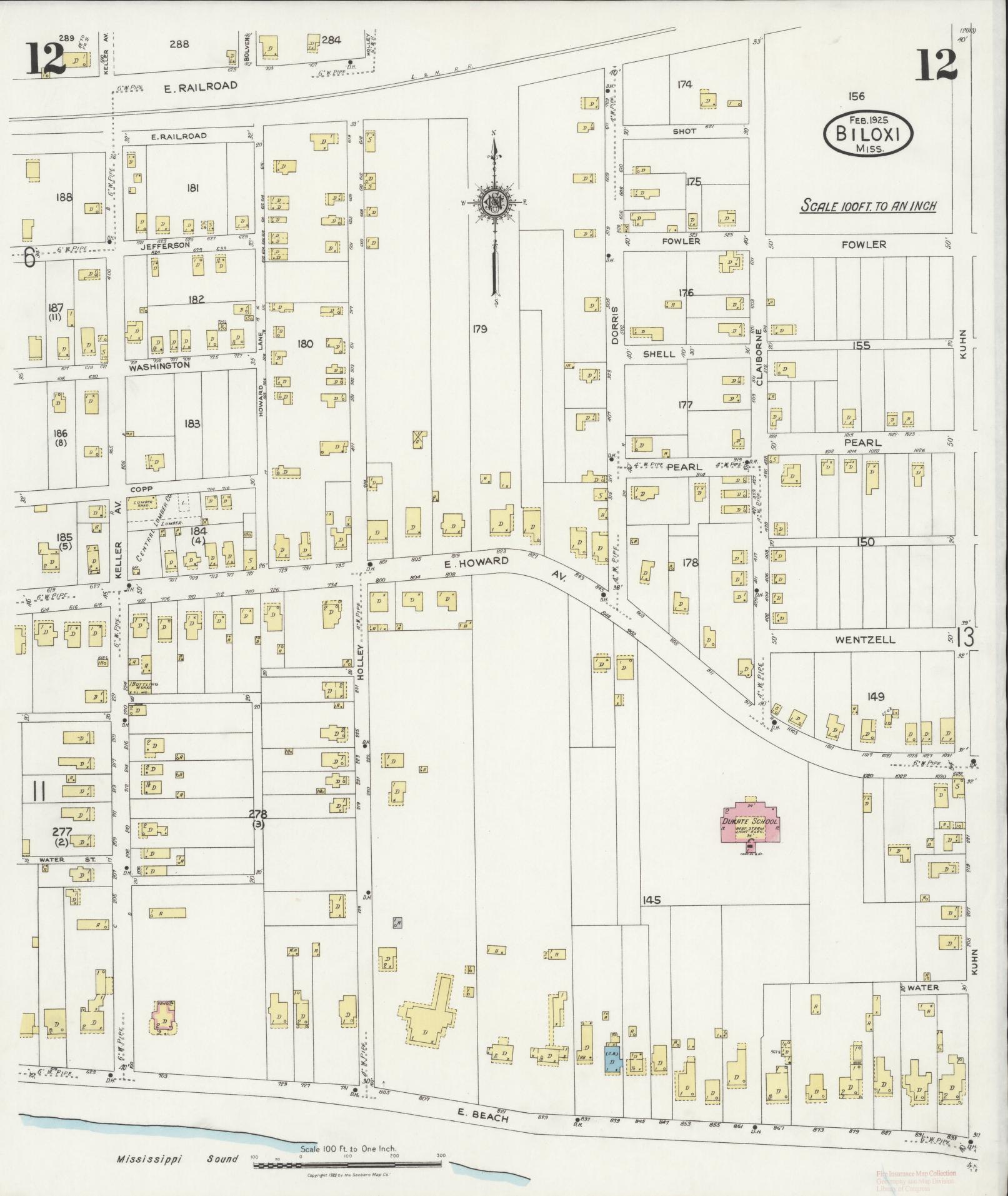Sanborn Fire Insurance Map from Biloxi, Harrison County, Mississippi (1925), Sheet #0012 - Complete Map Set gallery image, historic Sanborn map, vintage wall art, Mississippi Mississippi