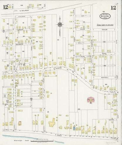Sanborn Fire Insurance Map from Biloxi, Harrison County, Mississippi (1925), Sheet #0012 - Complete Map Set gallery image, historic Sanborn map, vintage wall art, Mississippi Mississippi