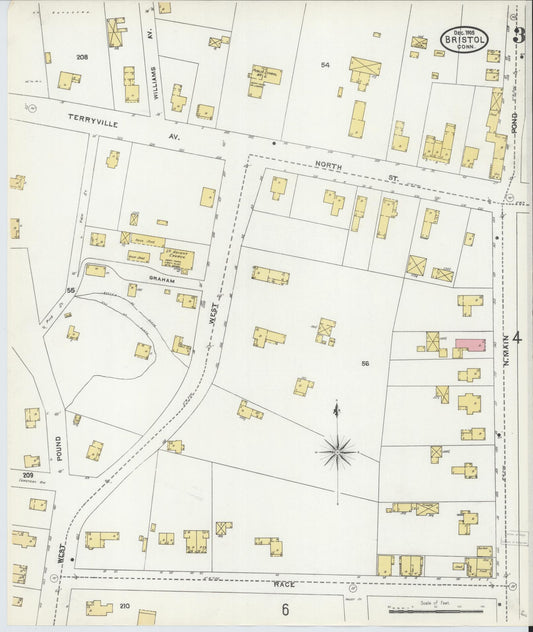 Sanborn Fire Insurance Map from Bristol, Hartford County, Connecticut (1905), Sheet #0003 - Historic Sanborn Fire Insurance Map Print, vintage old map wall art, antique decor, genealogy gift, Connecticut Connecticut map