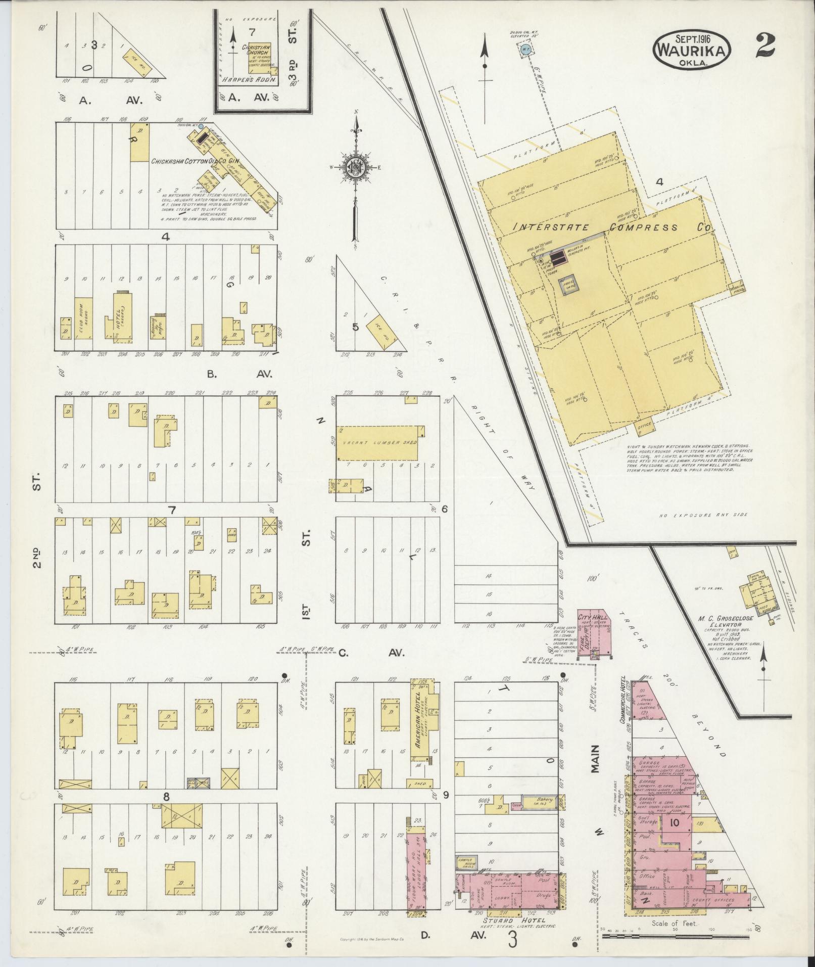 Sanborn Fire Insurance Map from Waurika, Jefferson County, Oklahoma (1916), Sheet #0002 - Historic Sanborn Fire Insurance Map Print, vintage old map wall art, antique decor, genealogy gift, Oklahoma Oklahoma map