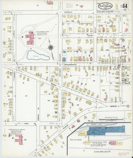 Sanborn Fire Insurance Map from Plattsburg, Clinton County, New York (1918), Sheet #0014 - Historic Sanborn Fire Insurance Map Print, vintage old map wall art, antique decor, genealogy gift, New York New York map