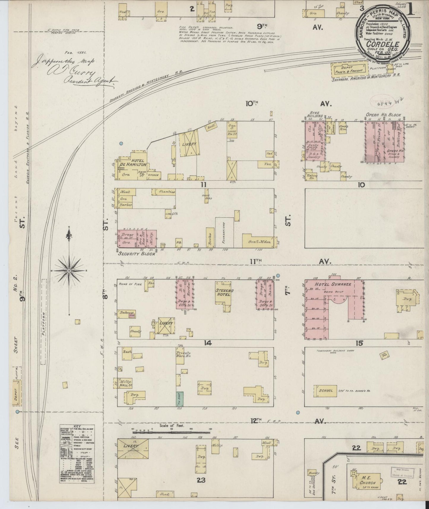 Sanborn Fire Insurance Map from Cordele, Crisp County, Georgia (1891), Sheet #0001 - Historic Sanborn Fire Insurance Map Print, vintage old map wall art, antique decor, genealogy gift, Georgia Georgia map