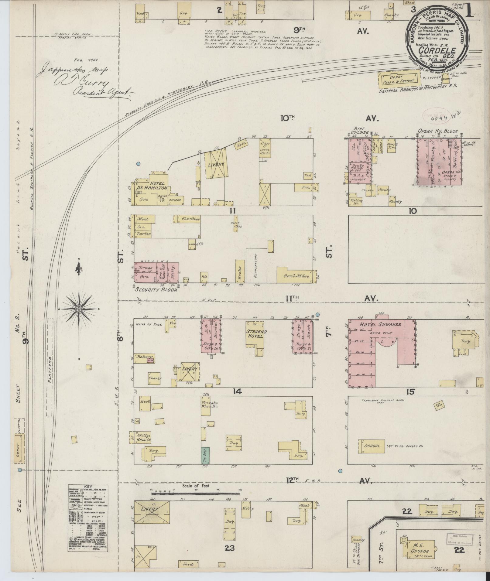 Sanborn Fire Insurance Map from Cordele, Crisp County, Georgia (1891), Sheet #0001 - Historic Sanborn Fire Insurance Map Print, vintage old map wall art, antique decor, genealogy gift, Georgia Georgia map