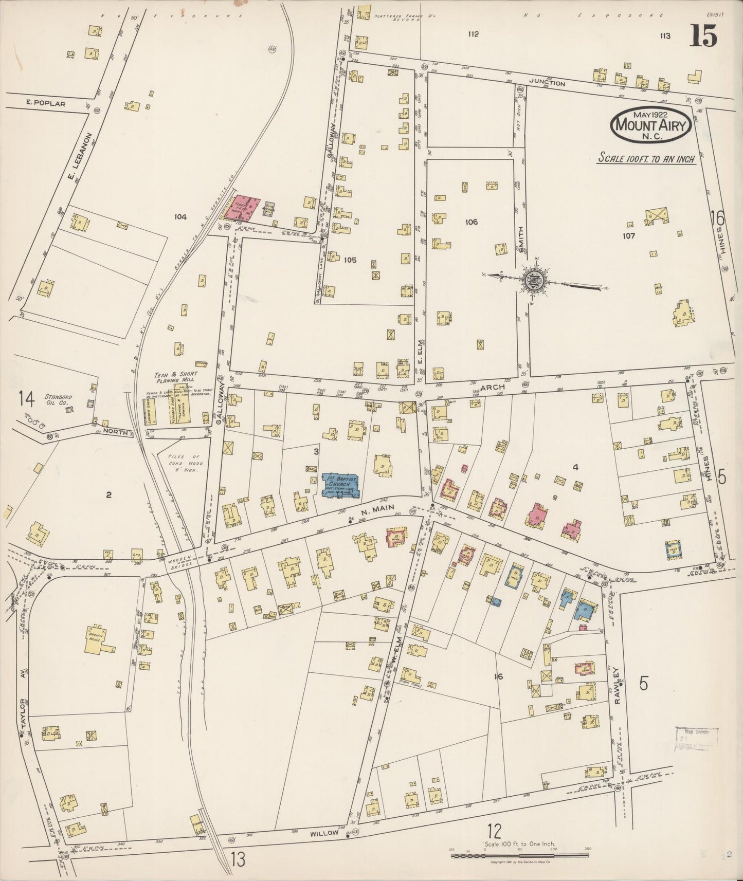Sanborn Fire Insurance Map from Mount Airy, Surry County, North Carolina (1922), Sheet #0015 - Historic Sanborn Fire Insurance Map Print, vintage old map wall art, antique decor, genealogy gift, North Carolina North Carolina map