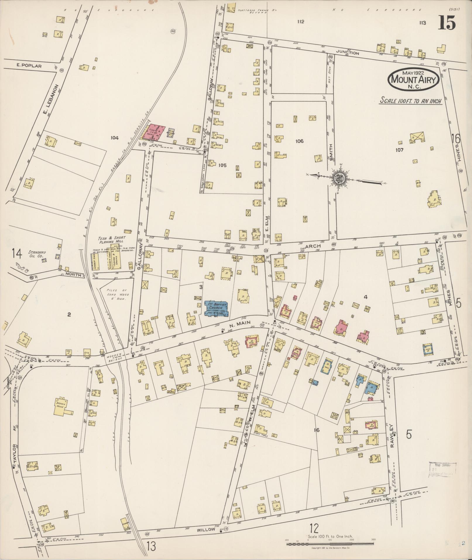 Sanborn Fire Insurance Map from Mount Airy, Surry County, North Carolina (1922), Sheet #0015 - Historic Sanborn Fire Insurance Map Print, vintage old map wall art, antique decor, genealogy gift, North Carolina North Carolina map
