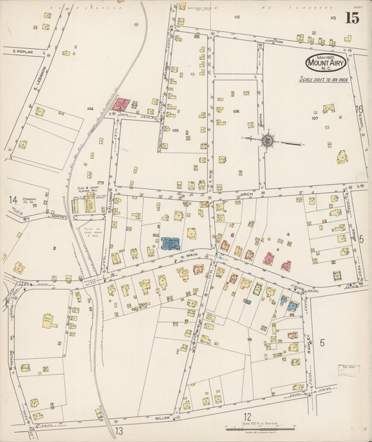 Sanborn Fire Insurance Map from Mount Airy, Surry County, North Carolina (1922), Sheet #0015 - Historic Sanborn Fire Insurance Map Print, vintage old map wall art, antique decor, genealogy gift, North Carolina North Carolina map