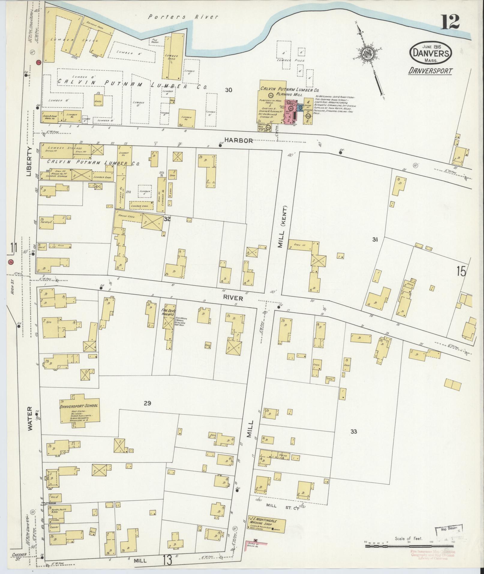 Sanborn Fire Insurance Map from Danvers, Essex County, Massachusetts (1916), Sheet #0012 - Complete Map Set gallery image, historic Sanborn map, vintage wall art, Massachusetts Massachusetts