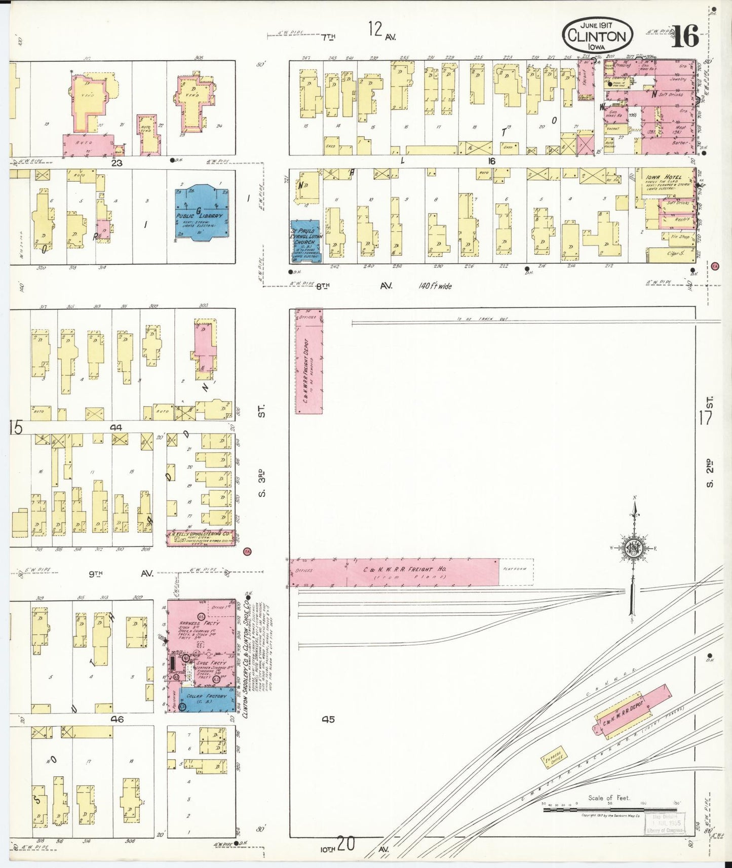 Sanborn Fire Insurance Map from Clinton, Clinton County, Iowa (1917), Sheet #0016 - Historic Sanborn Fire Insurance Map Print, vintage old map wall art