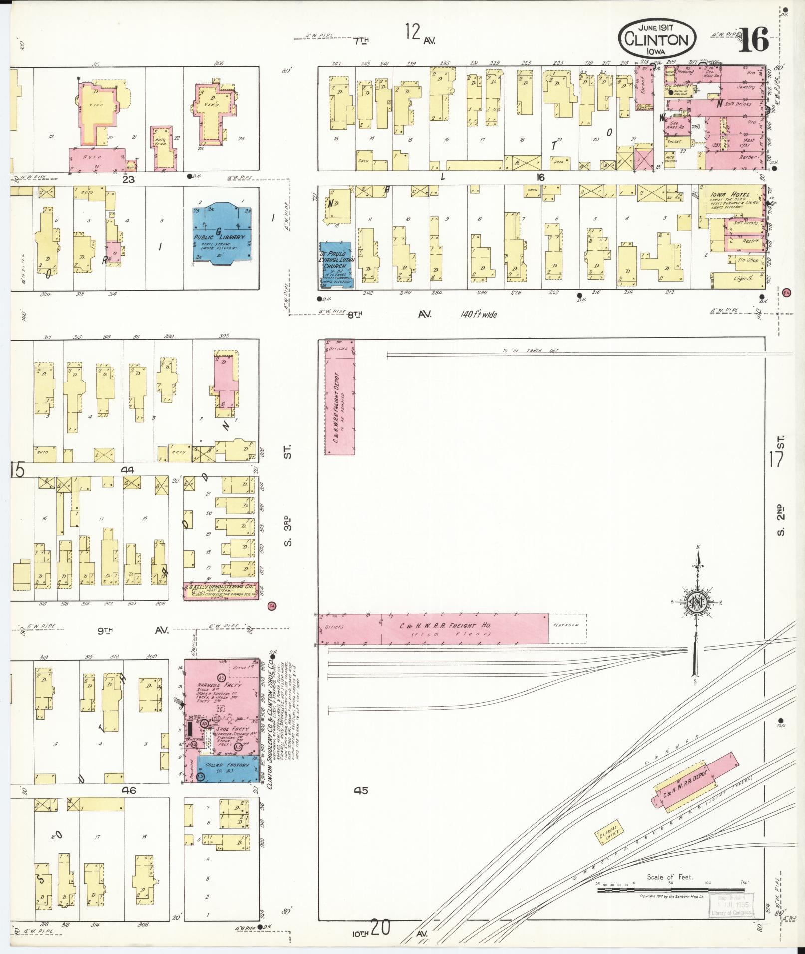 Sanborn Fire Insurance Map from Clinton, Clinton County, Iowa (1917), Sheet #0016 - Historic Sanborn Fire Insurance Map Print, vintage old map wall art