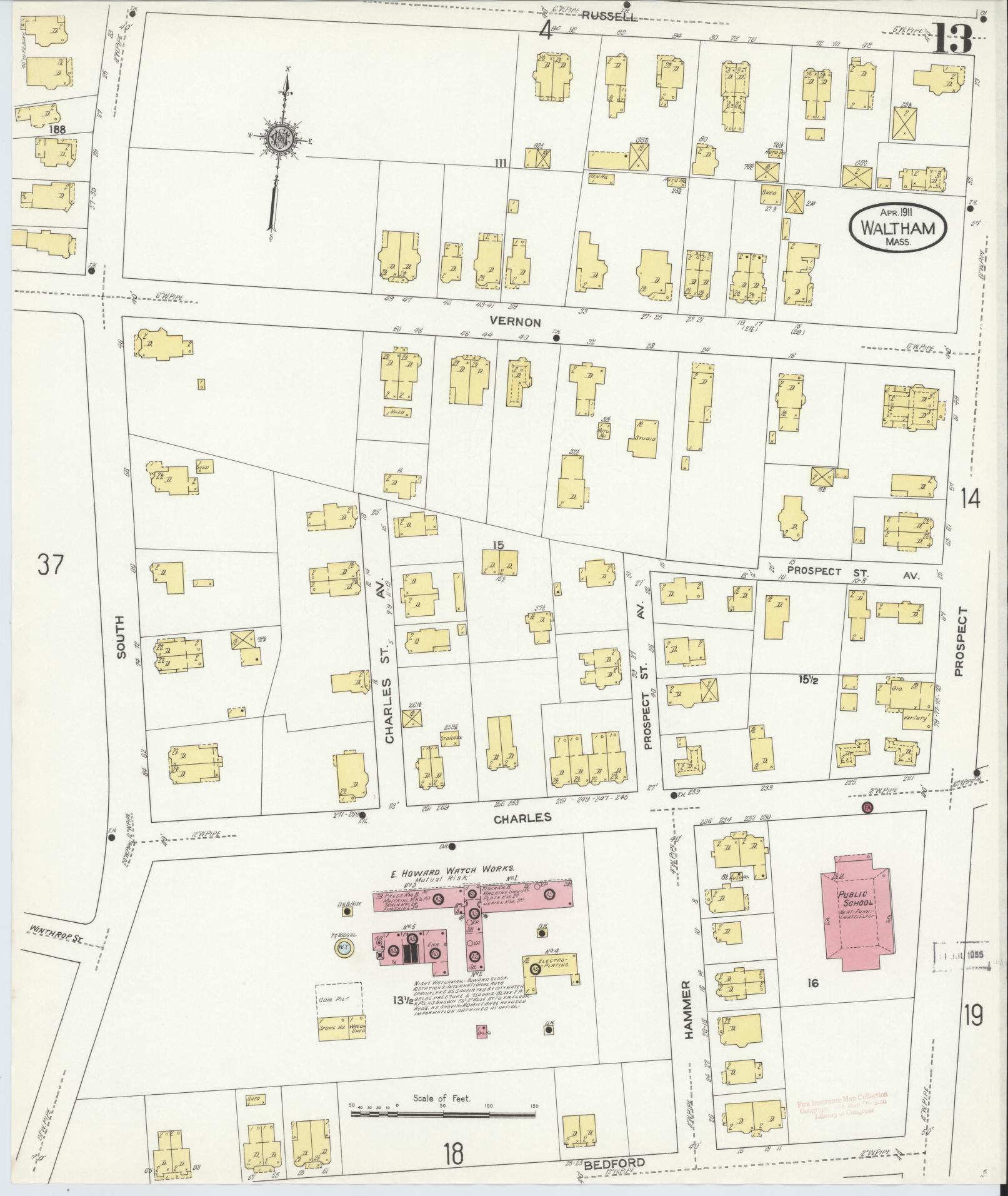 Sanborn Fire Insurance Map from Waltham, Middlesex County, Massachusetts (1911), Sheet #0013 - Historic Sanborn Fire Insurance Map Print, vintage old map wall art, antique decor, genealogy gift, Massachusetts Massachusetts map
