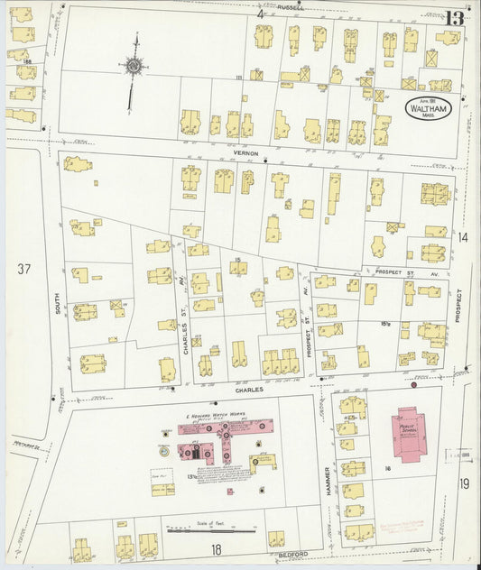 Sanborn Fire Insurance Map from Waltham, Middlesex County, Massachusetts (1911), Sheet #0013 - Historic Sanborn Fire Insurance Map Print, vintage old map wall art, antique decor, genealogy gift, Massachusetts Massachusetts map