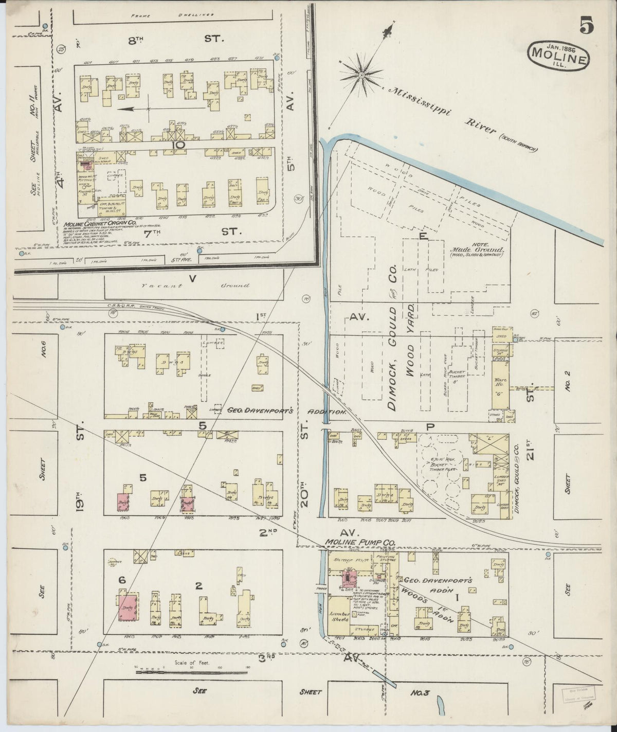 Sanborn Fire Insurance Map from Moline, Rock Island County, Illinois (1886), Sheet #0005 - Historic Sanborn Fire Insurance Map Print, vintage old map wall art, antique decor, genealogy gift, Illinois Illinois map
