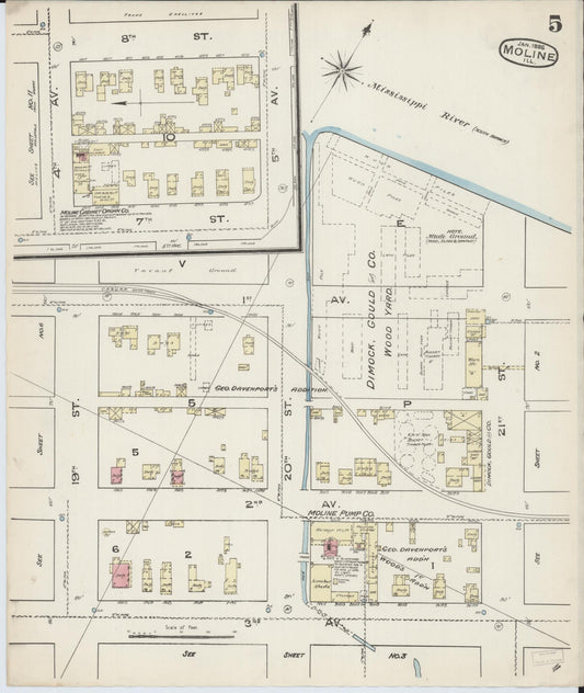 Sanborn Fire Insurance Map from Moline, Rock Island County, Illinois (1886), Sheet #0005 - Historic Sanborn Fire Insurance Map Print, vintage old map wall art, antique decor, genealogy gift, Illinois Illinois map