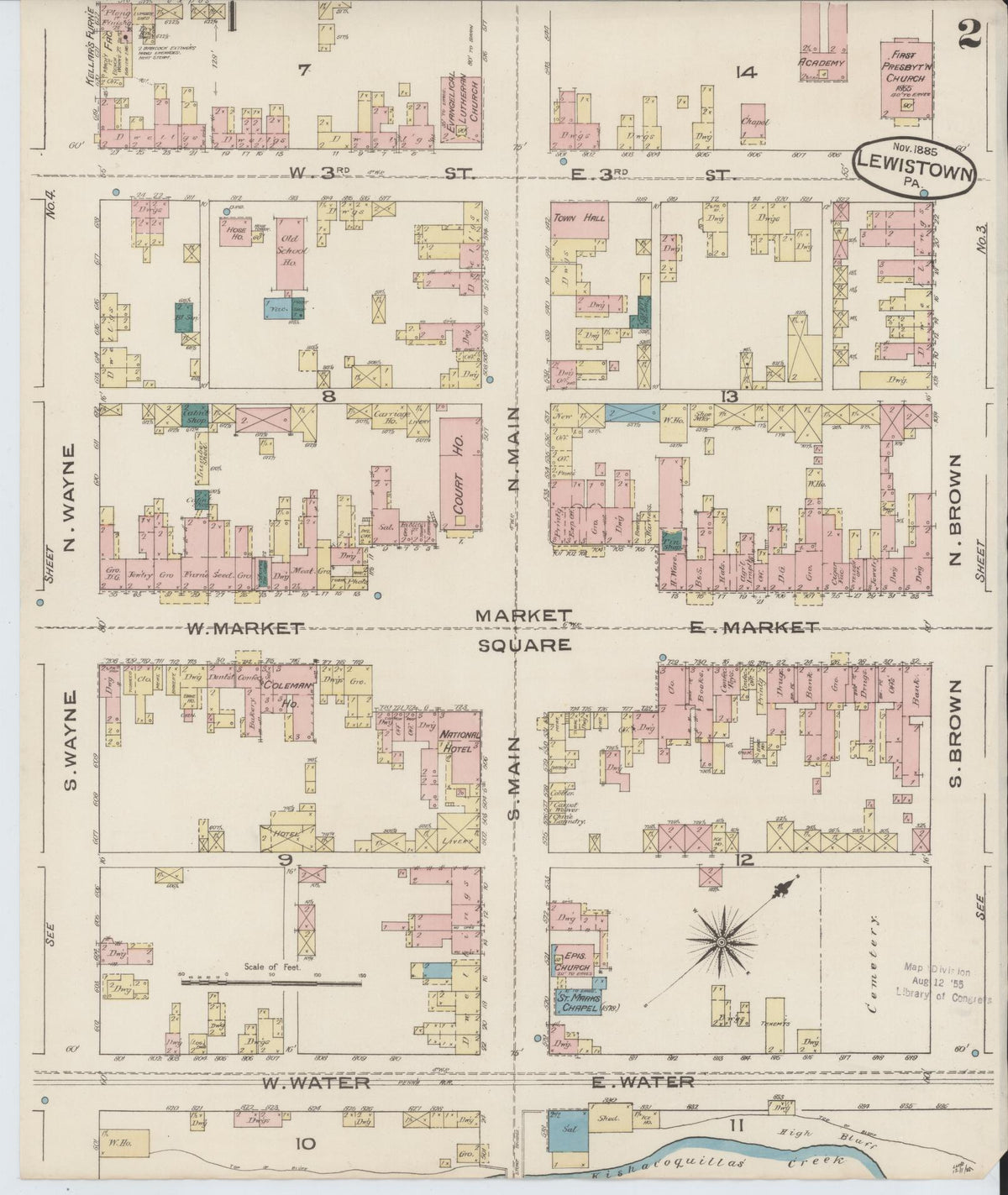 Sanborn Fire Insurance Map from Lewistown, Mifflin County, Pennsylvania (1885), Sheet #0002 - Historic Sanborn Fire Insurance Map Print, vintage old map wall art, antique decor, genealogy gift, Pennsylvania Pennsylvania map
