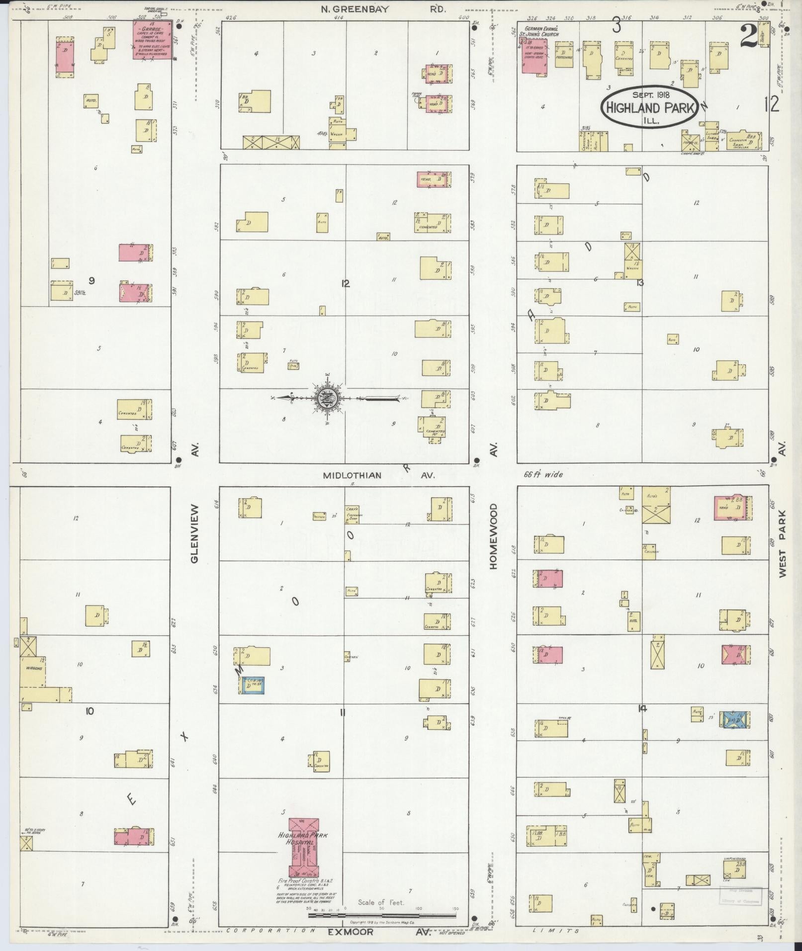 Sanborn Fire Insurance Map from Highland Park, Lake County, Illinois (1918), Sheet #0002 - Complete Map Set gallery image, historic Sanborn map, vintage wall art, Illinois Illinois