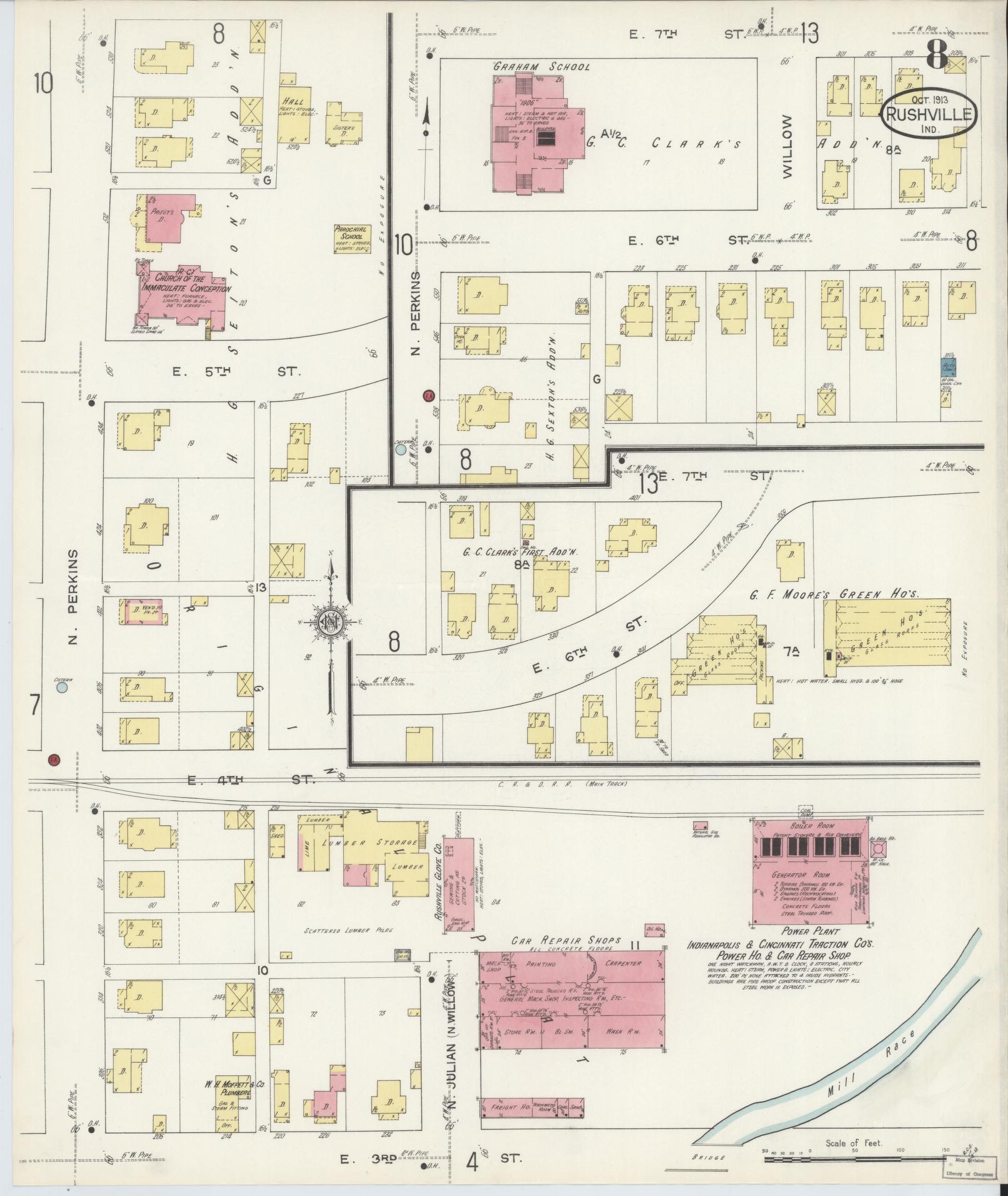 Sanborn Fire Insurance Map from Rushville, Rush County, Indiana (1913), Sheet #0008 - Complete Map Set gallery image, historic Sanborn map, vintage wall art, Indiana Indiana