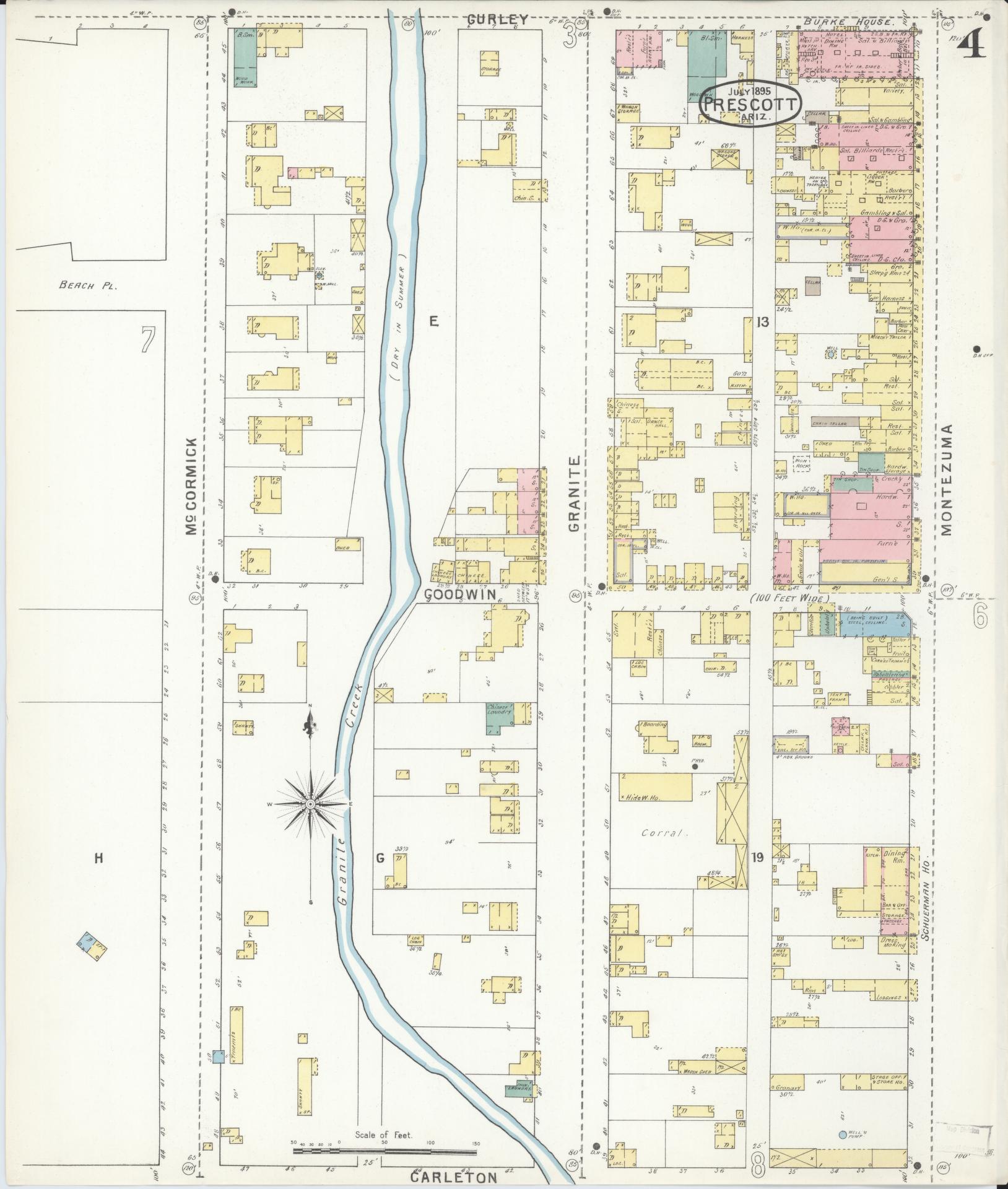 Sanborn Fire Insurance Map from Prescott, Yavapai County, Arizona (1895), Sheet #0004 - Historic Sanborn Fire Insurance Map Print, vintage old map wall art, antique decor, genealogy gift, Arizona Arizona map