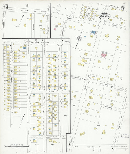 Sanborn Fire Insurance Map from Merrick, Nassau County, New York (1929), Sheet #0005 - Historic Sanborn Fire Insurance Map Print, vintage old map wall art, antique decor, genealogy gift, New York New York map