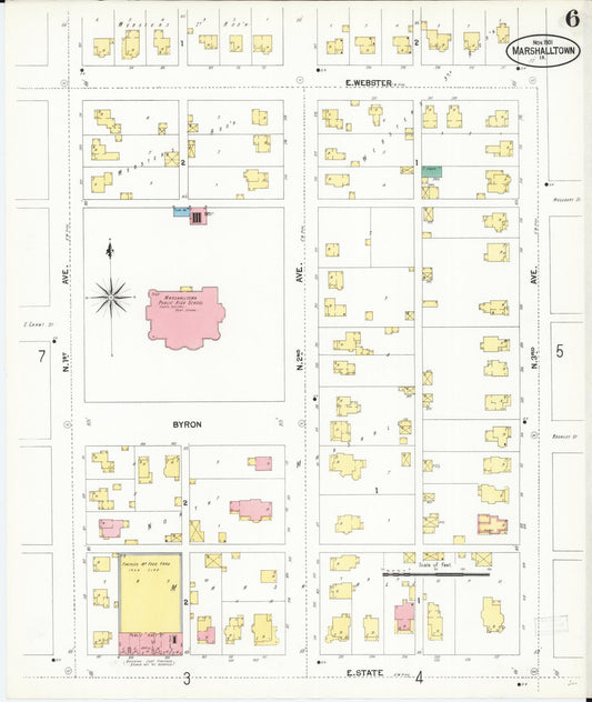 Sanborn Fire Insurance Map from Marshalltown, Marshall County, Iowa (1901), Sheet #0006 - Historic Sanborn Fire Insurance Map Print, vintage old map wall art