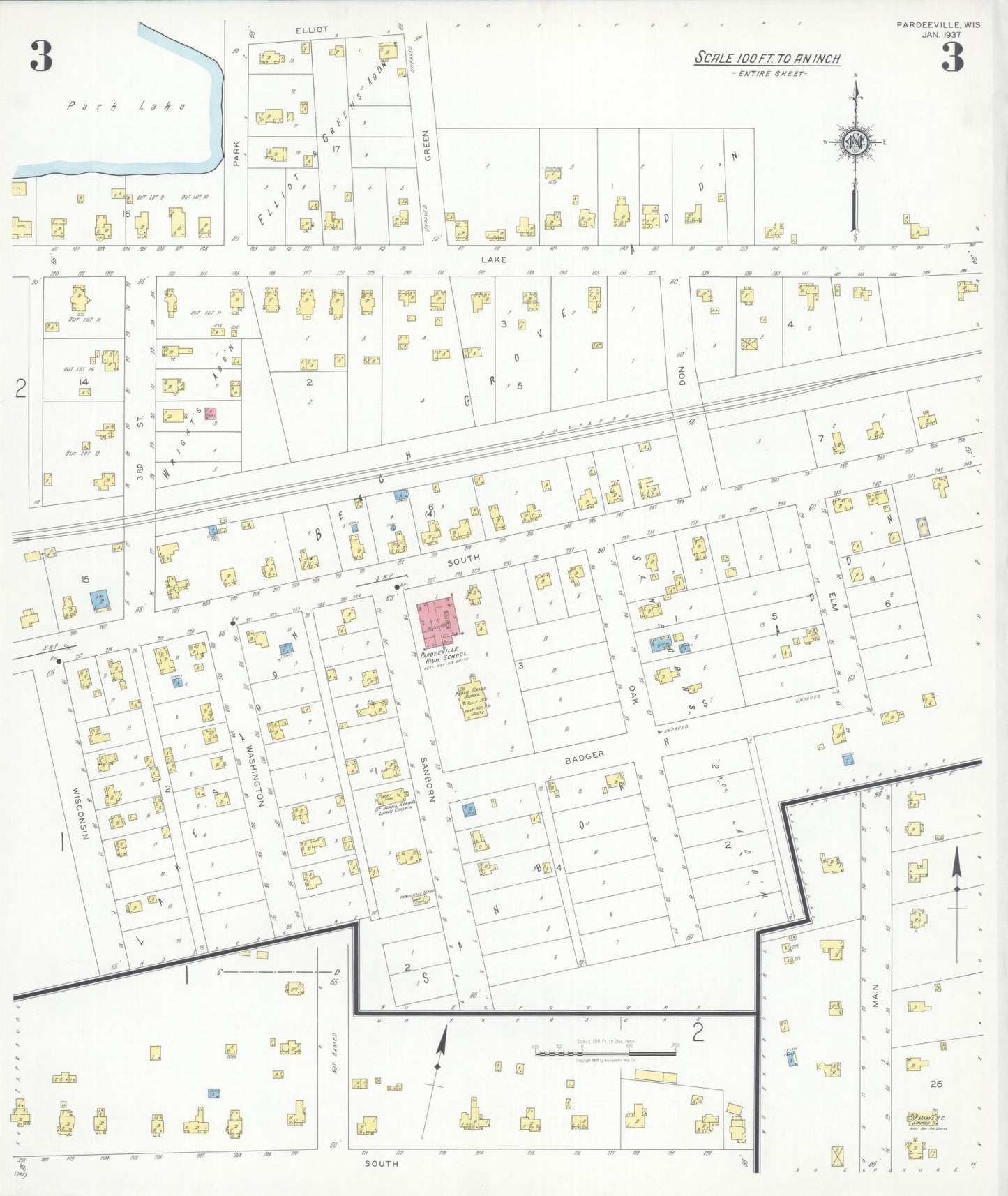 Sanborn Fire Insurance Map from Pardeeville, Columbia County, Wisconsin (1937), Sheet #0003 - Historic Sanborn Fire Insurance Map Print, vintage old map wall art, antique decor, genealogy gift, Wisconsin Wisconsin map