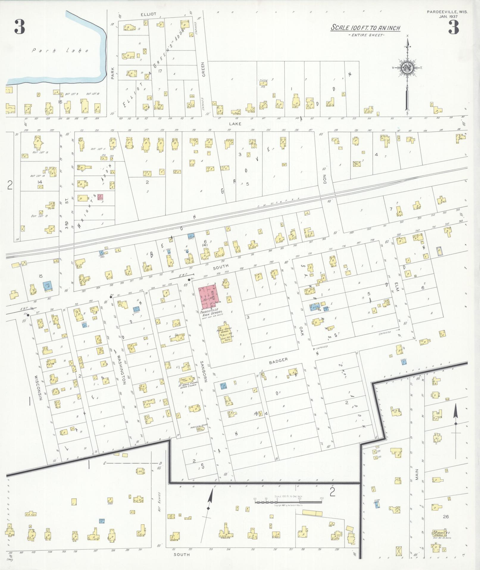 Sanborn Fire Insurance Map from Pardeeville, Columbia County, Wisconsin (1937), Sheet #0003 - Historic Sanborn Fire Insurance Map Print, vintage old map wall art, antique decor, genealogy gift, Wisconsin Wisconsin map