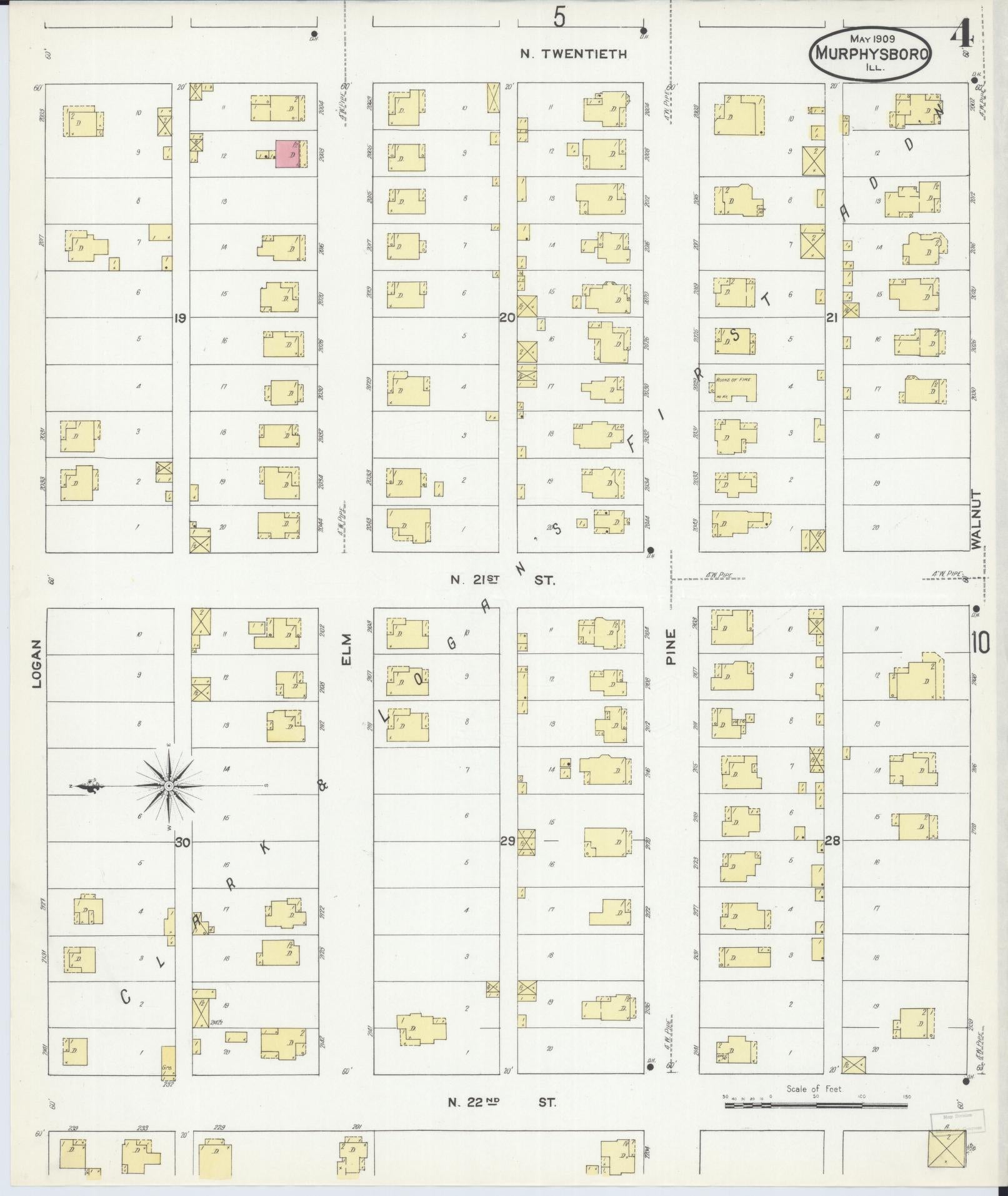 Sanborn Fire Insurance Map from Murphysboro, Jackson County, Illinois (1909), Sheet #0004 - Historic Sanborn Fire Insurance Map Print, vintage old map wall art, antique decor, genealogy gift, Illinois Illinois map