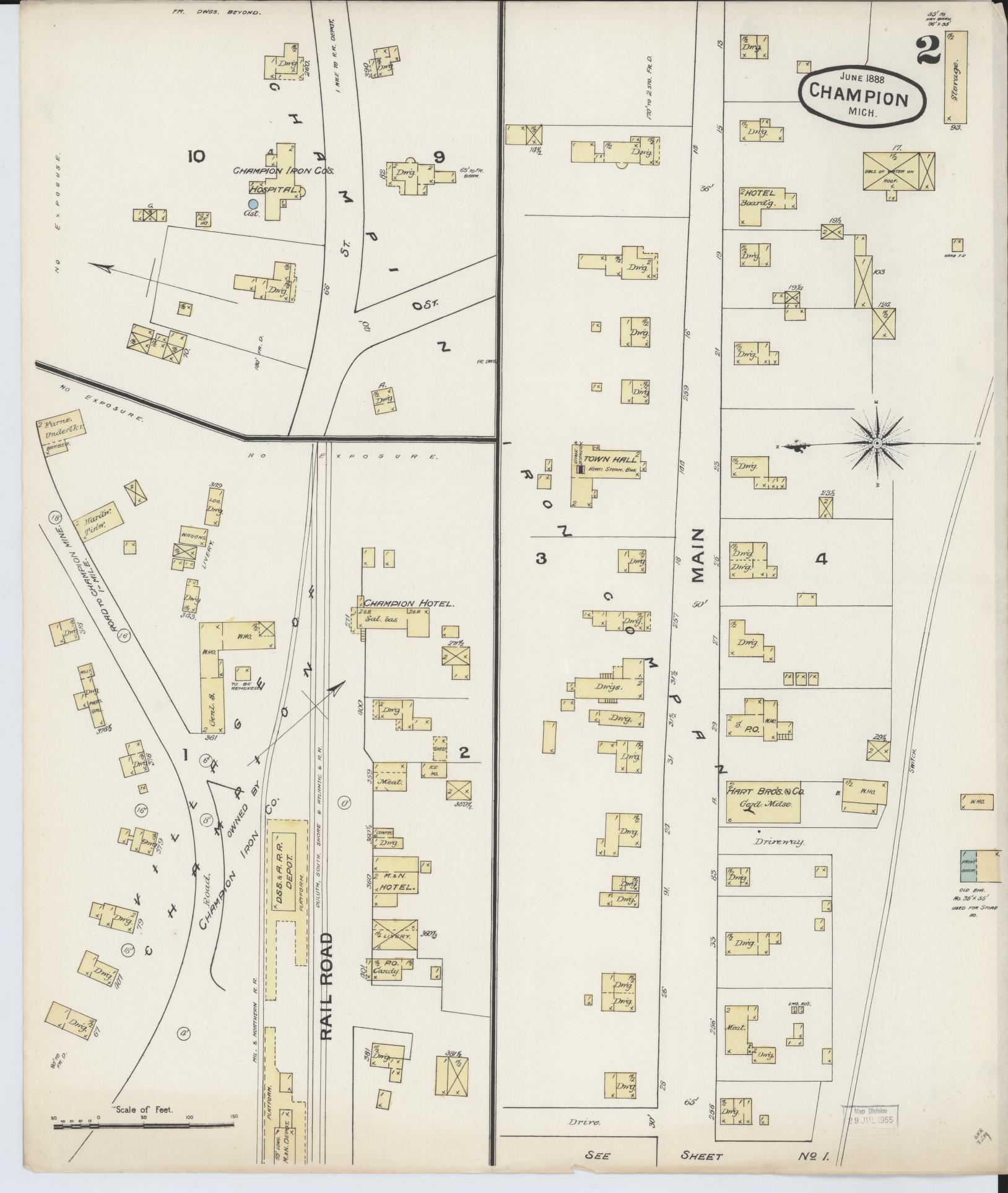 Sanborn Fire Insurance Map from Champion, Marquette County, Michigan (1888), Sheet #0002 - Historic Sanborn Fire Insurance Map Print, vintage old map wall art, antique decor, genealogy gift, Michigan Michigan map