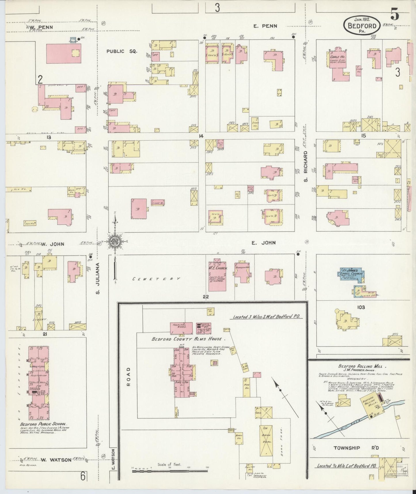 Sanborn Fire Insurance Map from Bedford, Bedford County, Pennsylvania (1912), Sheet #0005 - Historic Sanborn Fire Insurance Map Print, vintage old map wall art, antique decor, genealogy gift, Pennsylvania Pennsylvania map