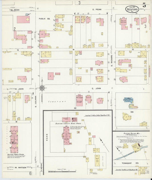 Sanborn Fire Insurance Map from Bedford, Bedford County, Pennsylvania (1912), Sheet #0005 - Historic Sanborn Fire Insurance Map Print, vintage old map wall art, antique decor, genealogy gift, Pennsylvania Pennsylvania map
